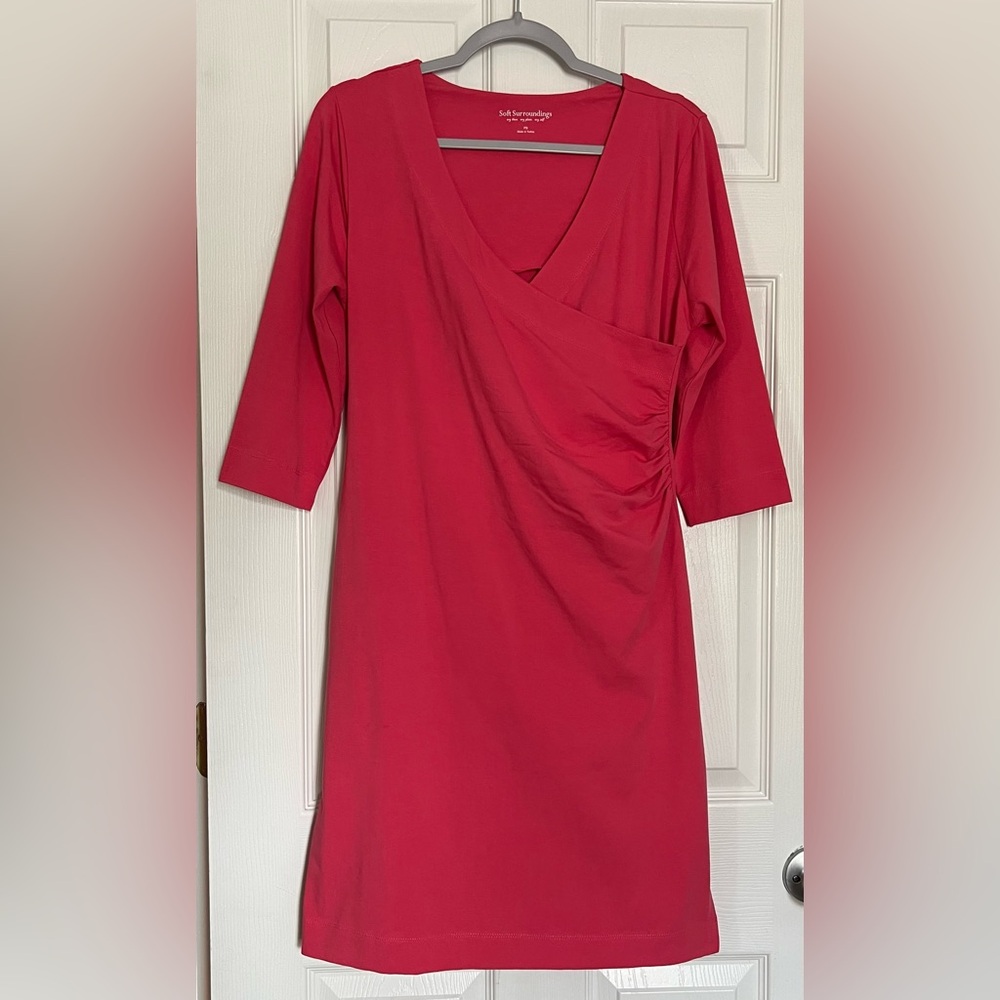 Soft Surroundings Coral Pink Surplice Faux Wrap 3/4 Sleeve Dress Petite Small